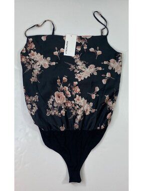 Heatherly Womens Bodysuit Black Pink Floral Print Adjustable Straps Size Large